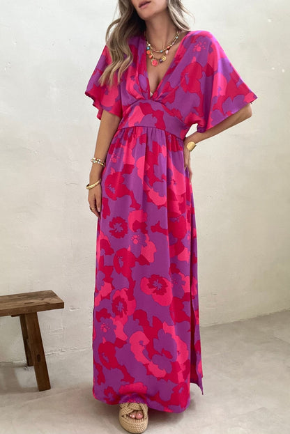 Rose Abstract Floral Print V Neck Dolman Maxi Dress