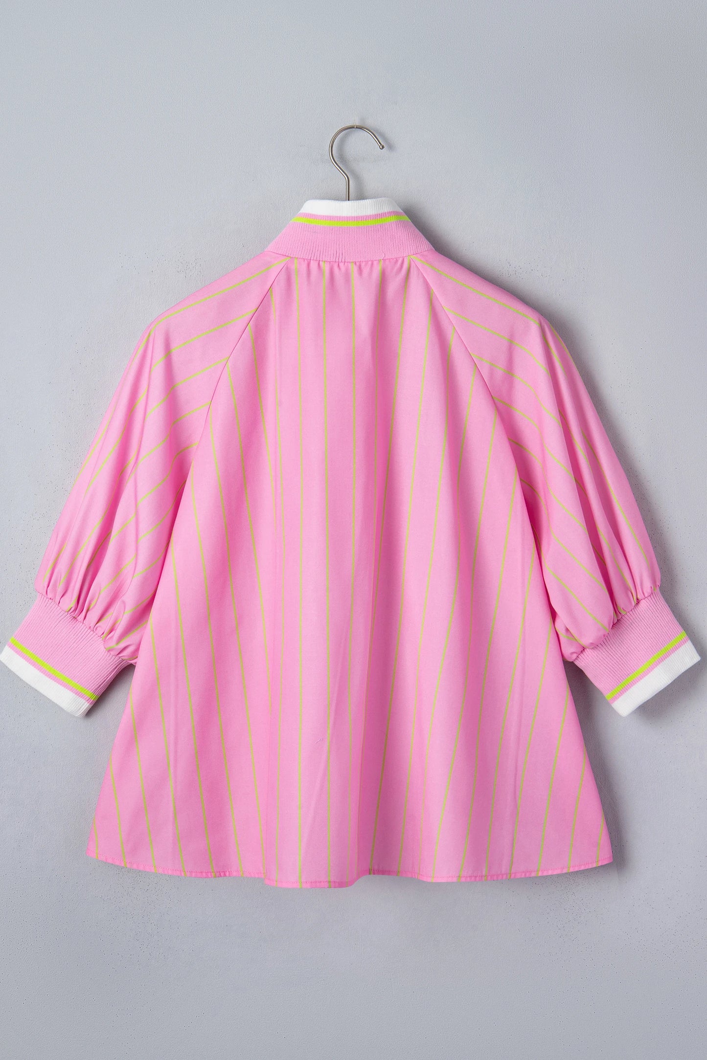 Pink Stripe Striped V-Neck Half Sleeve Zipper Ribbed Cuff Casual Shift Blouse