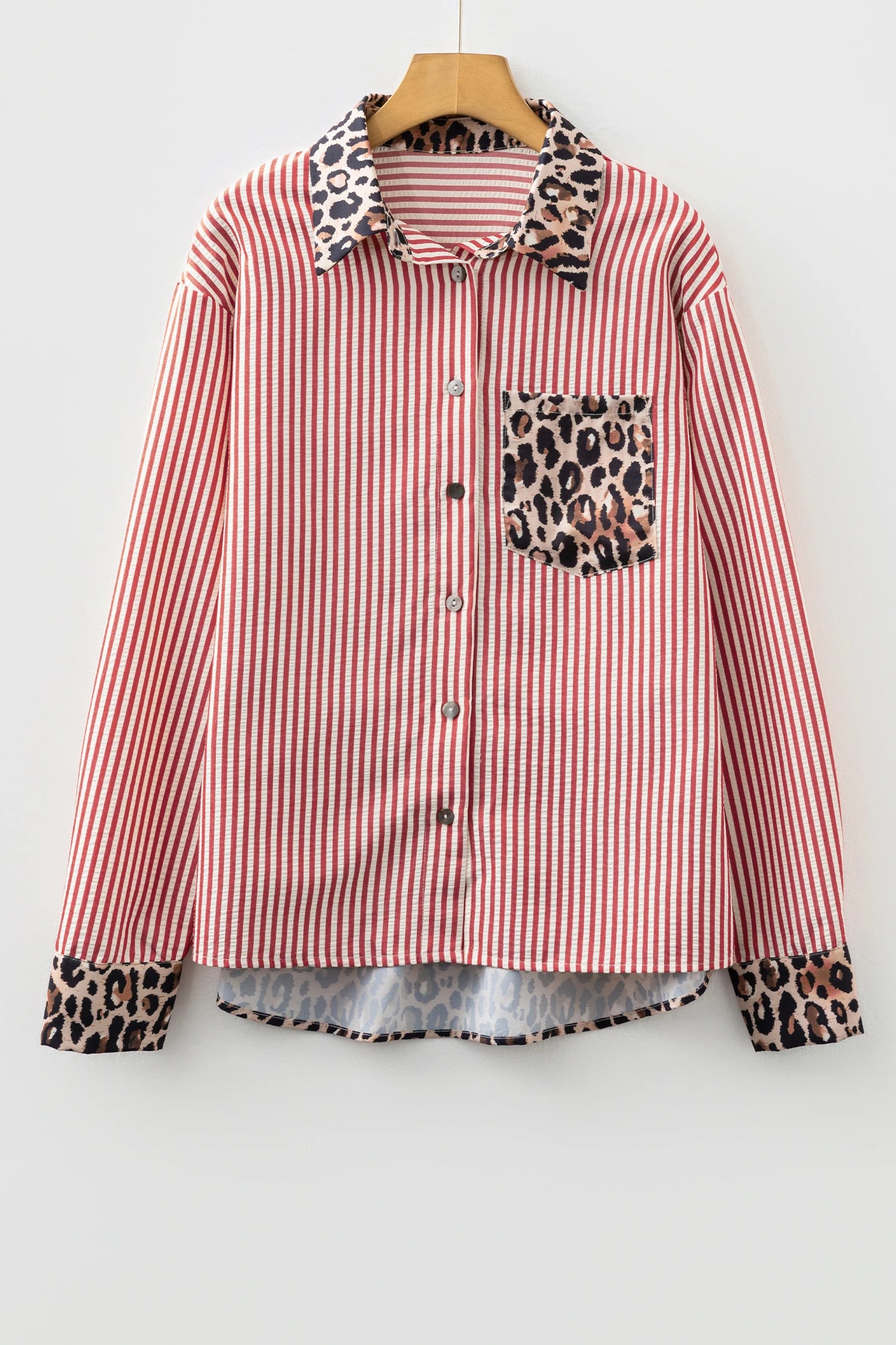Striped Leopard Print Patchwork Button Up Women's Shirt