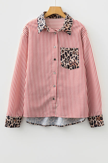 Striped Leopard Print Patchwork Button Up Women's Shirt