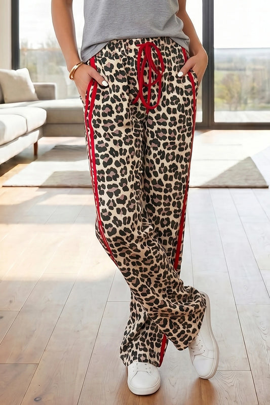 Red Side Stripe Leopard Wide leg Trousers