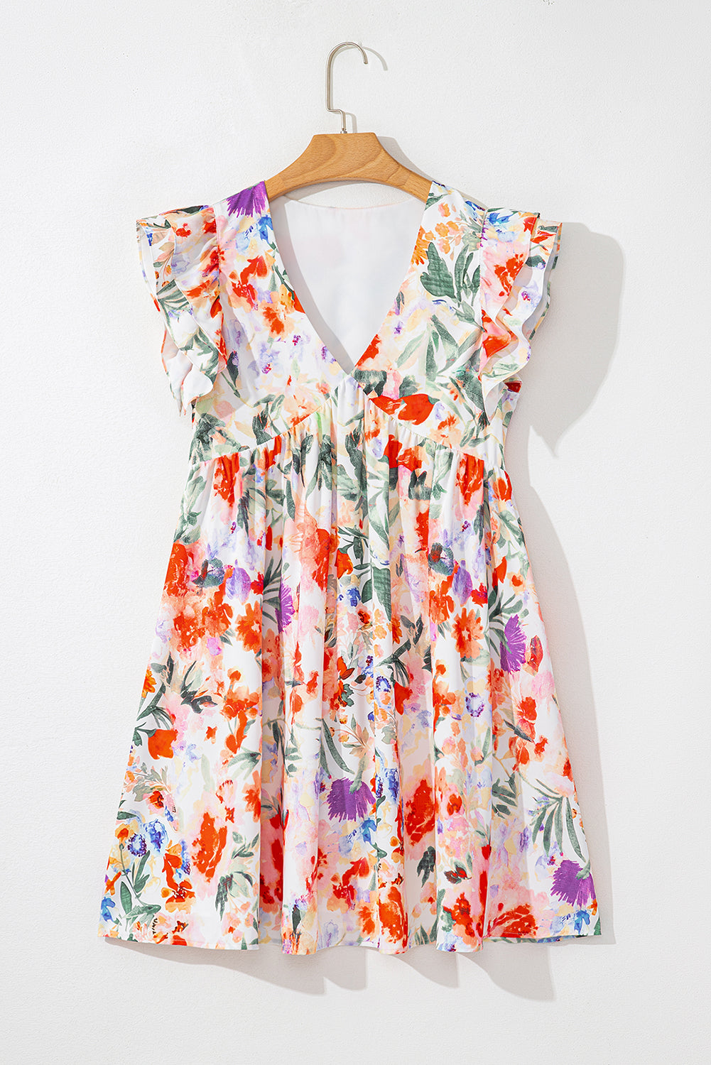Pink Floral Double Ruffle Sleeve V Neck High Waist Mini Dress