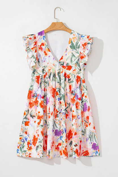 Pink Floral Double Ruffle Sleeve V Neck High Waist Mini Dress