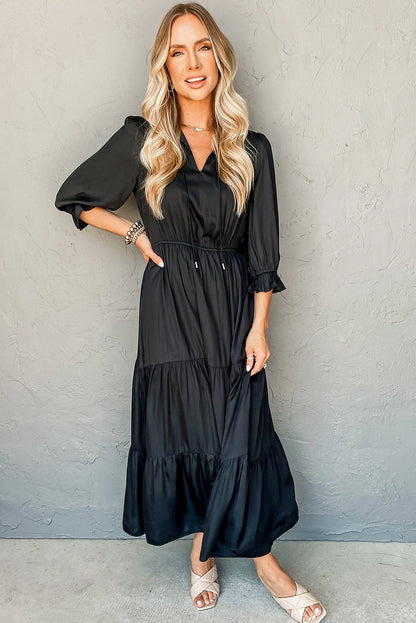 Black Flounced Bracelet Sleeve V Neck Tiered Maxi Dress