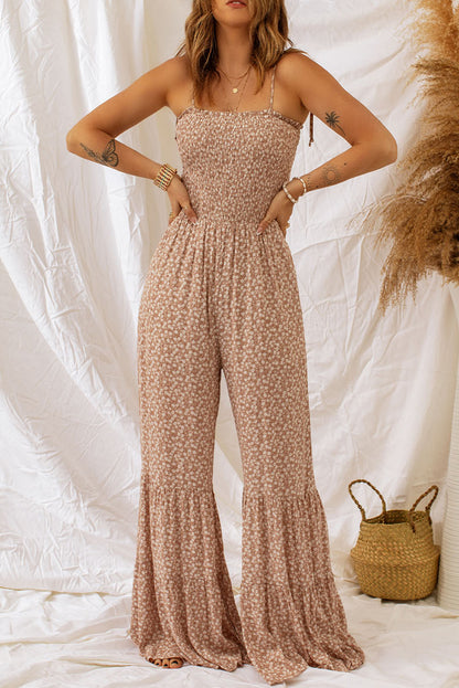 Thin Straps Smocked Bodice Wide Leg Floral Jumpsuit