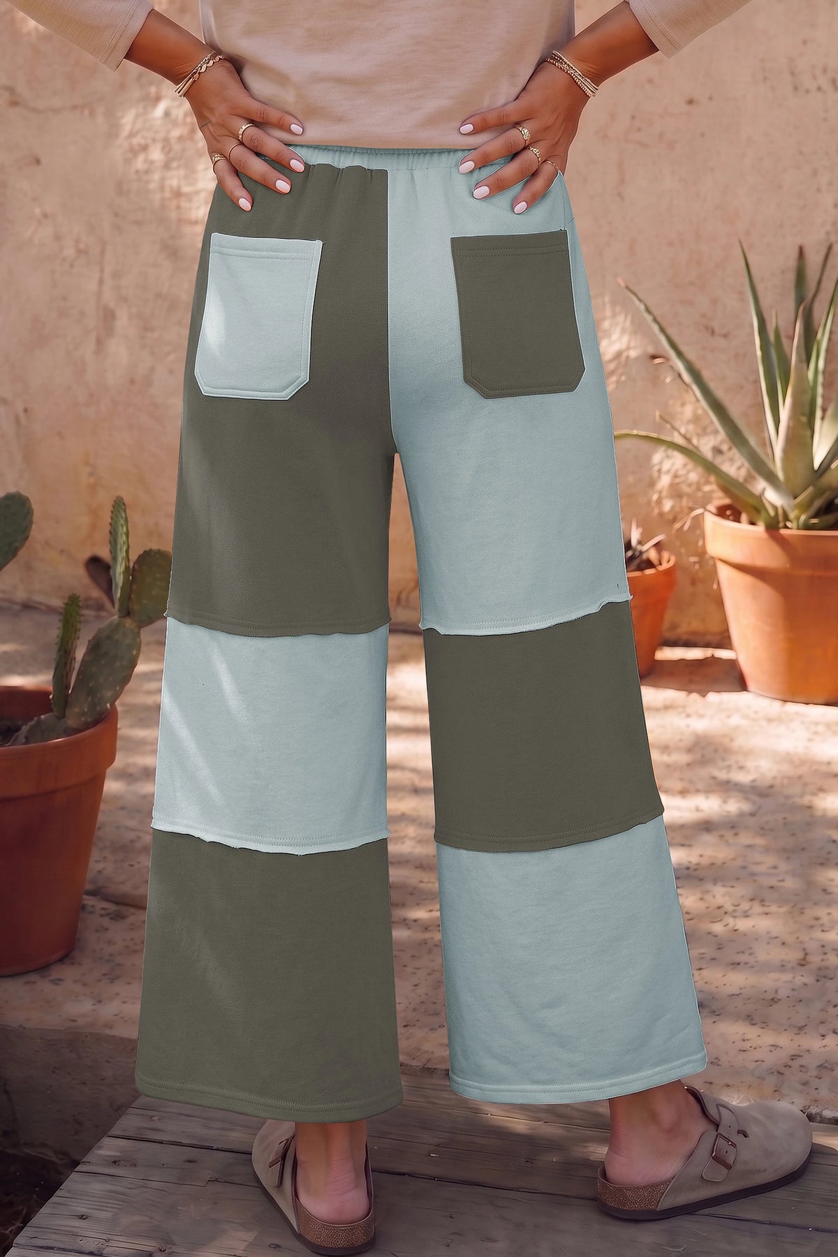 Raw Seam Colorblock Wide Leg Ankle Length Casual Pants