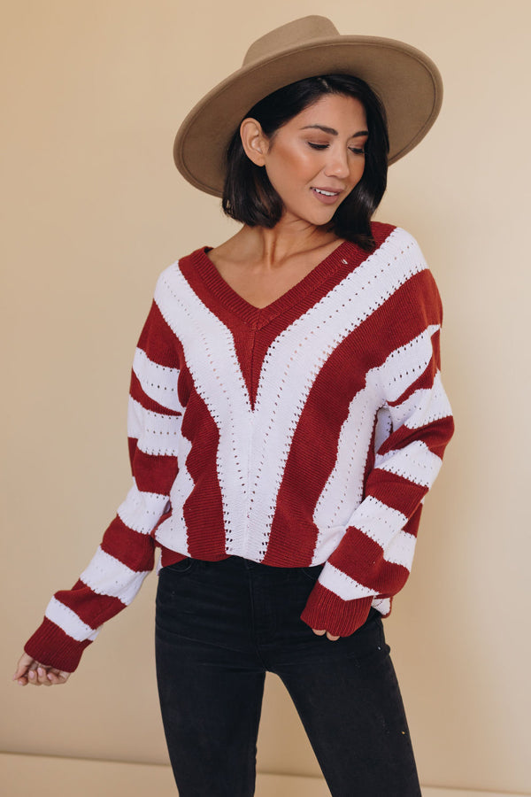 Striped Colorblock V Neck Knitted Sweater