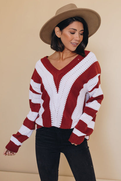 Striped Colorblock V Neck Knitted Sweater