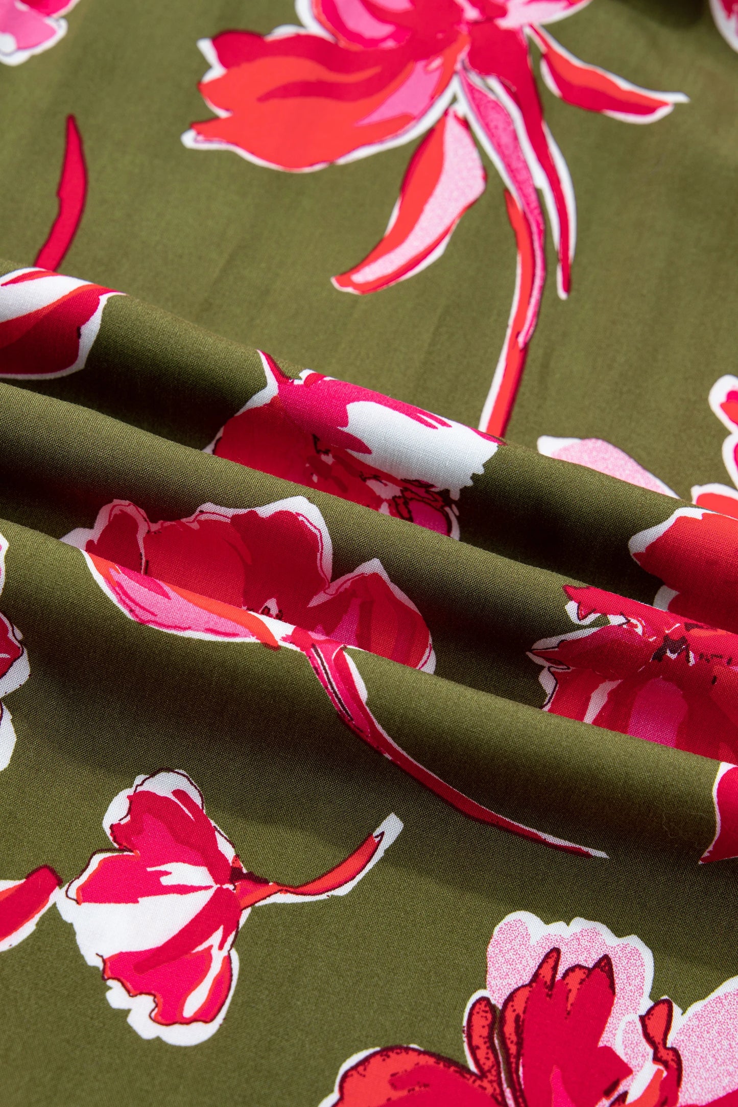 Green Floral Print Striped Trim Split Neck Short Puff Sleeve Ruffle Hem Maxi Dress