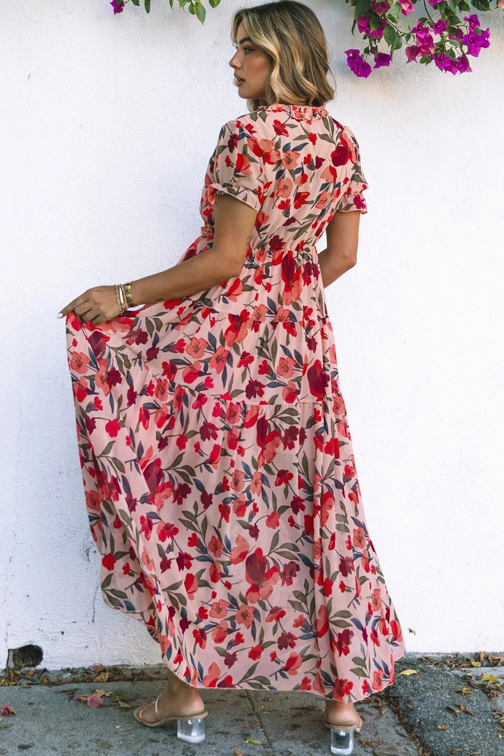 Fiery Red Floral Print Frilled V Neck Short Sleeve Maxi Dress