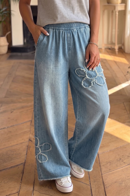 Beau Blue Frayed Floral Patch Wide Leg Raw Hem Wide Leg Jeans