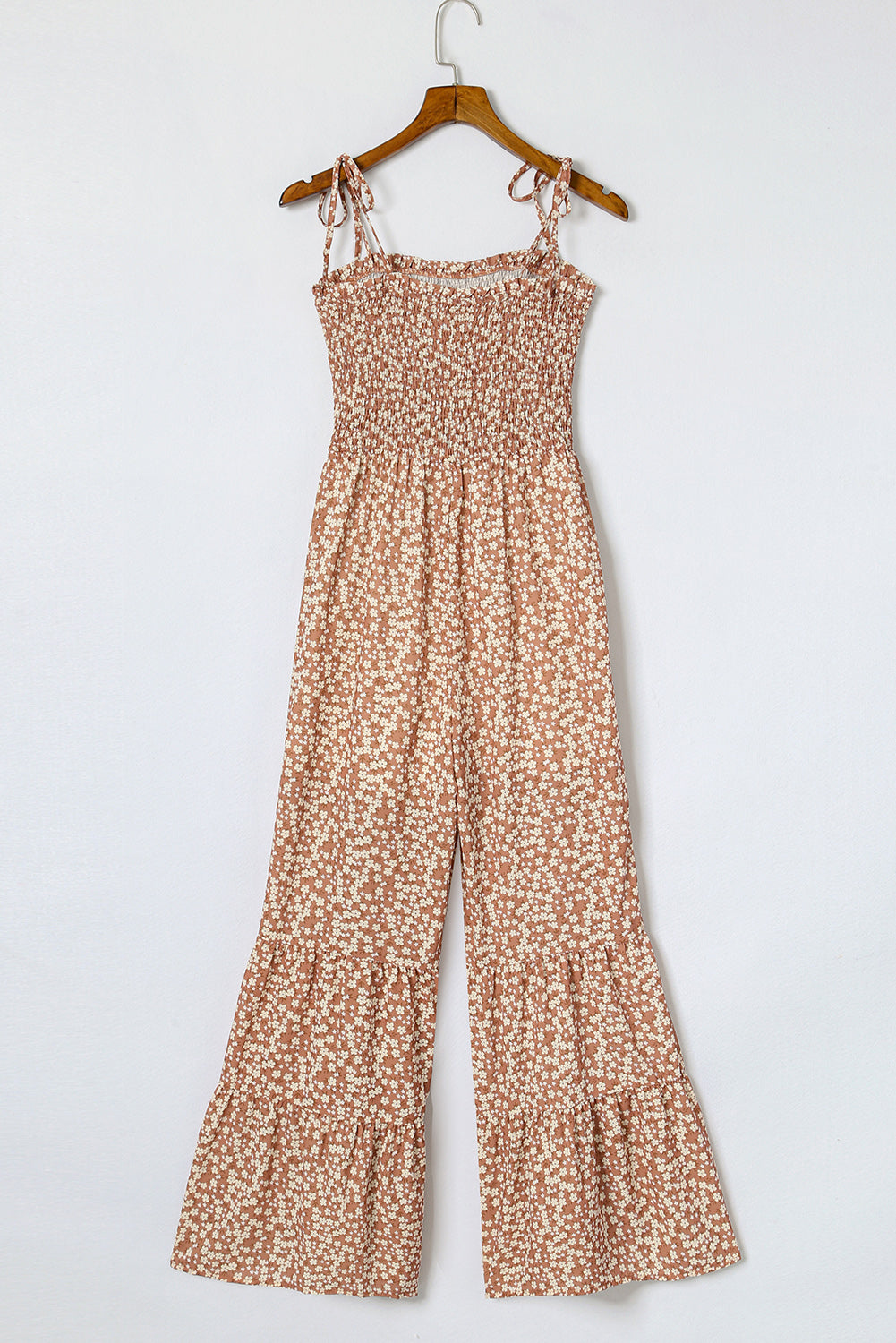 Thin Straps Smocked Bodice Wide Leg Floral Jumpsuit