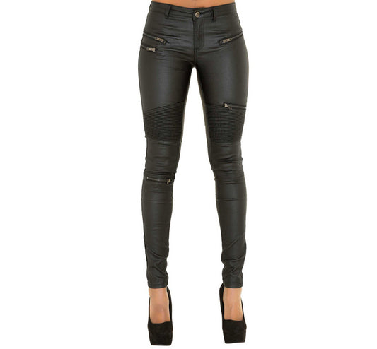 Faux Leather Denim Pants Spliced with Multiple Zippers