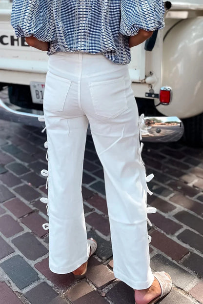 White Bow Knot Side Detail Straight Leg Loose Jeans