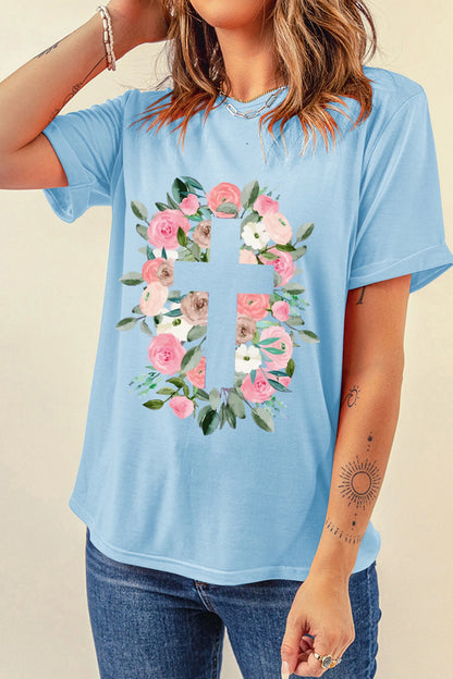Light Blue Floral Printed Faith Easter Graphic Tee