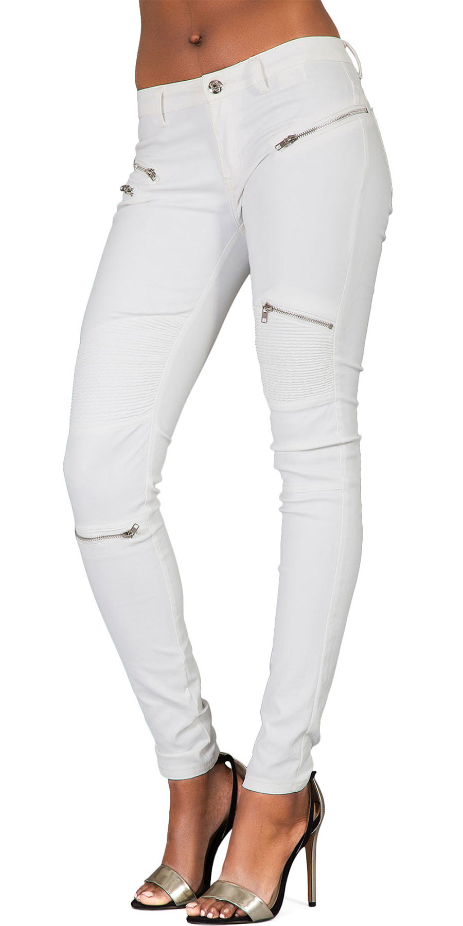 Faux Leather Denim Pants Spliced with Multiple Zippers