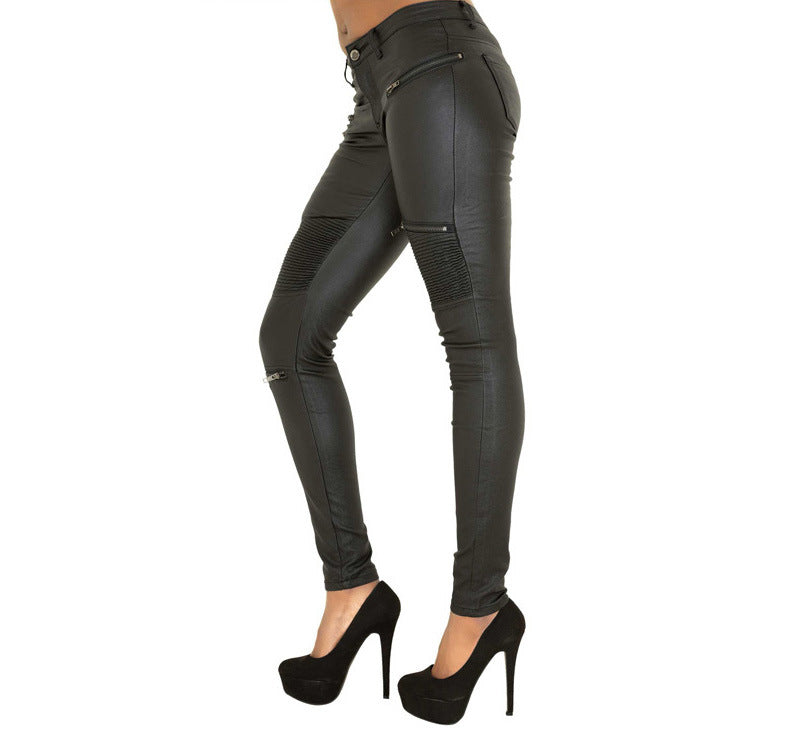 Faux Leather Denim Pants Spliced with Multiple Zippers