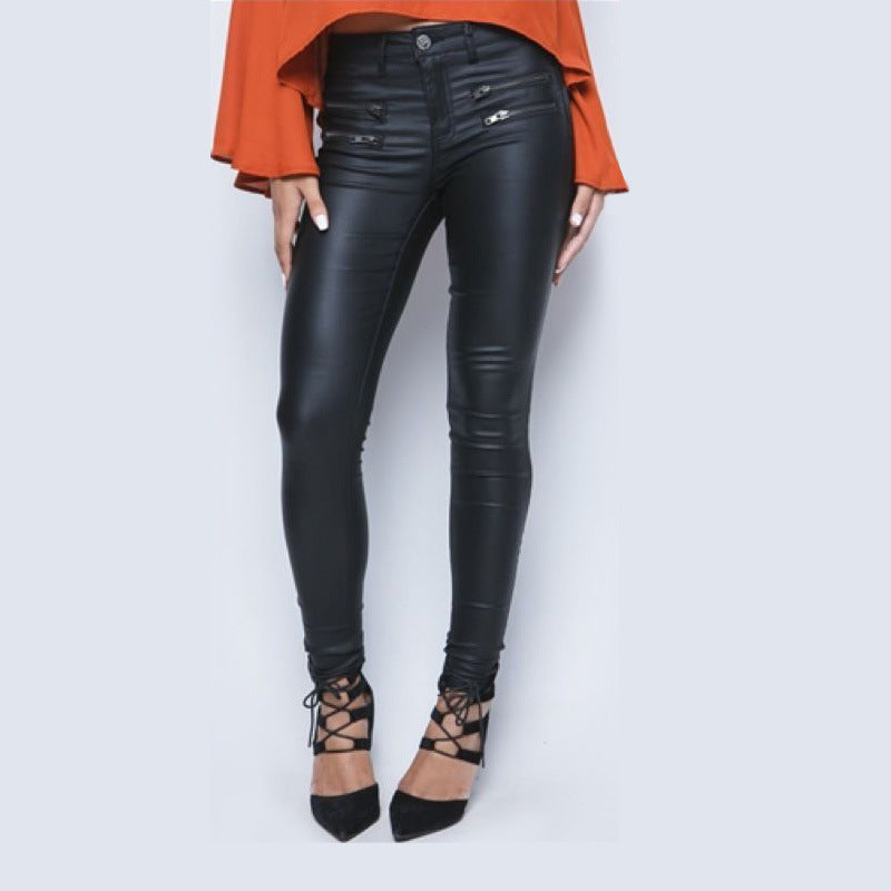 Low-waisted Slim-fitting PU leather pants with double zipper