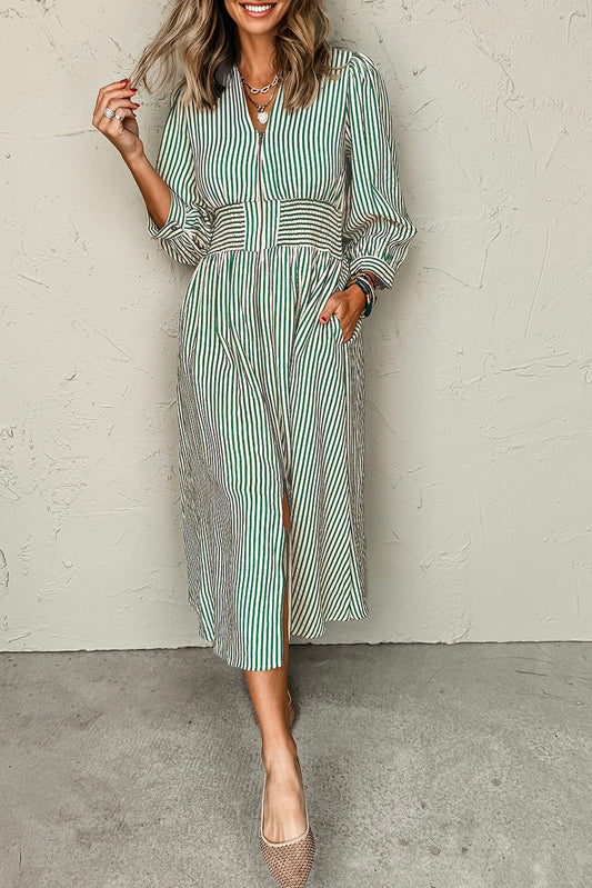 Stripe V Neck Zip Front Cinched High Waist Midi Dress