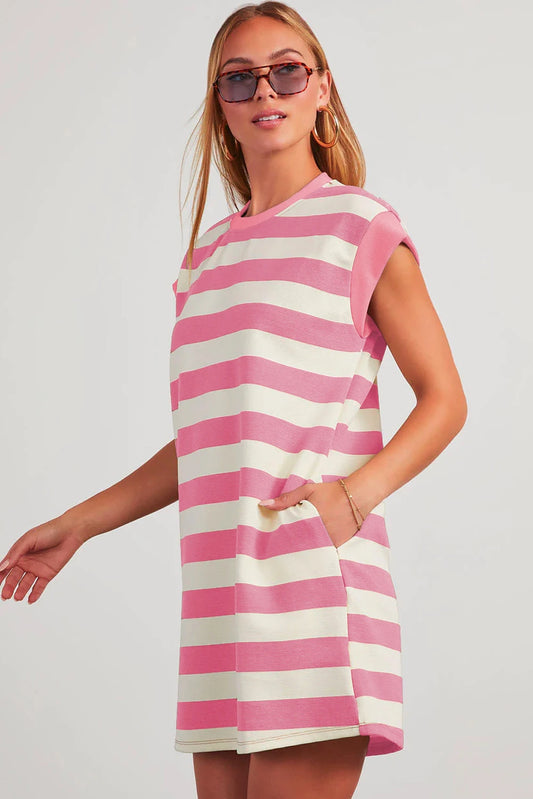 Pink Stripe Cap Sleeve Shift T Shirt Dres