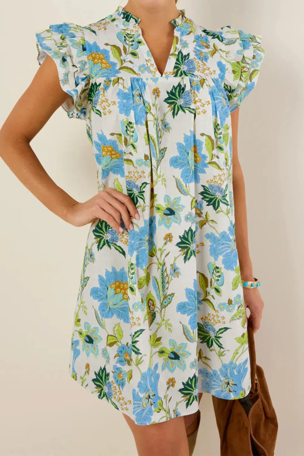 Beige Floral Print V Neck Triple Ruffle Short Sleeve Shift Mini Dress