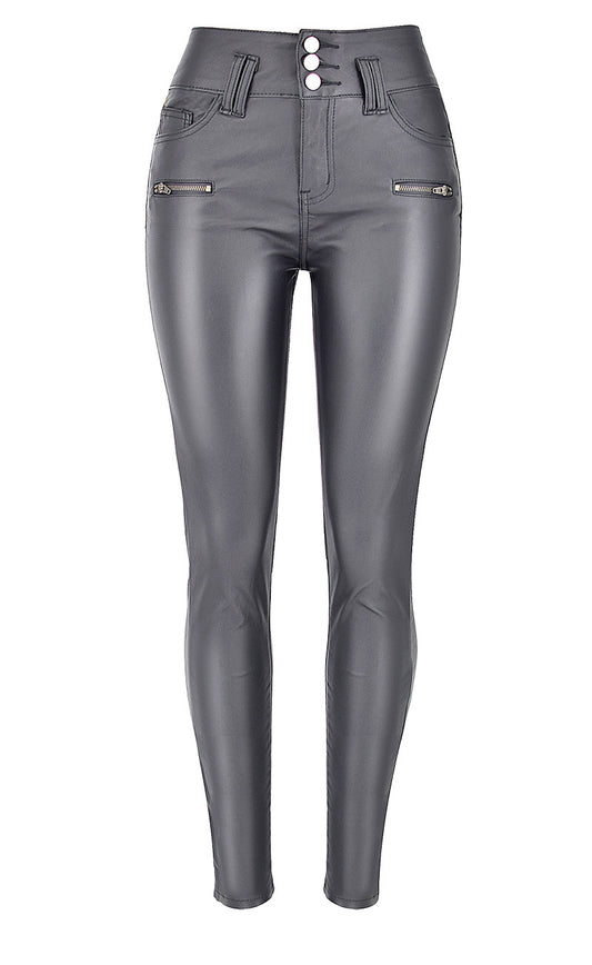 High-waist Stretch-coated Imitation Leather Pants