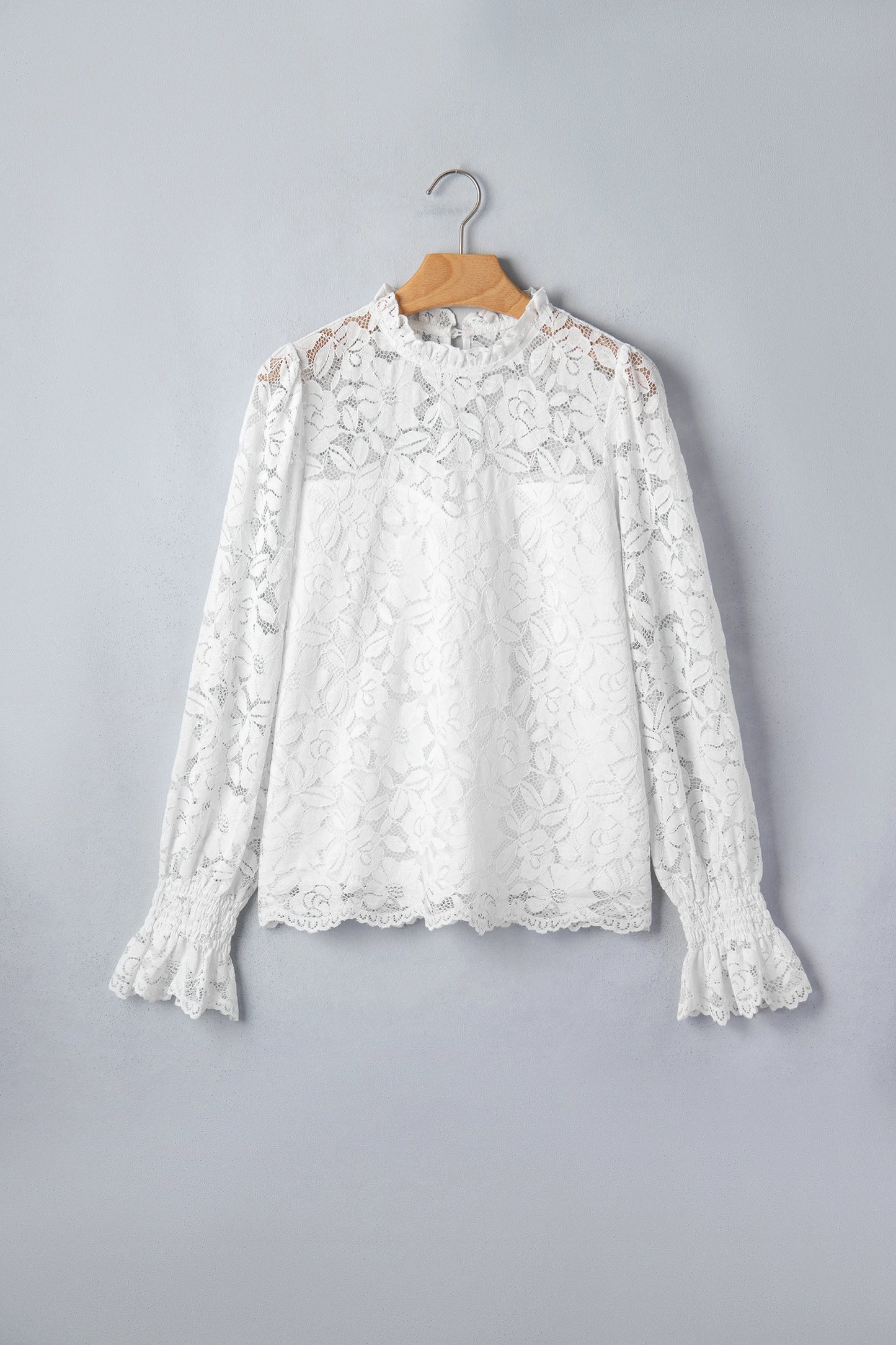 White Ruffled Round Neck Long Flounce Sleeve Sheer Lace Blouse