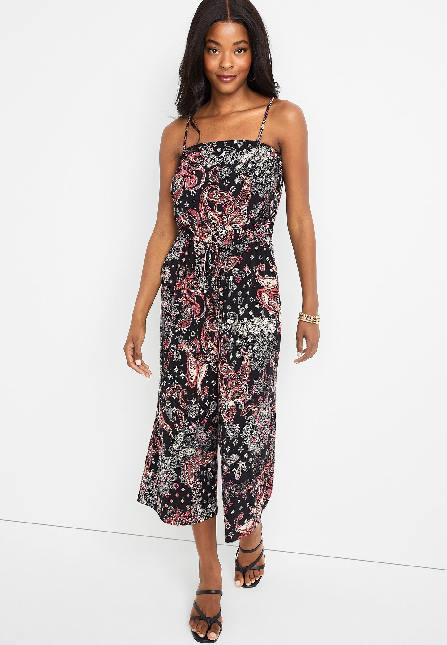 Black Mixed Paisley Print Cropped Jumpsuit