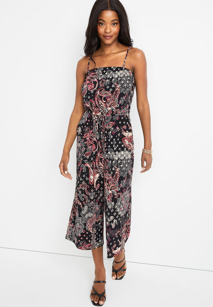 Black Mixed Paisley Print Cropped Jumpsuit