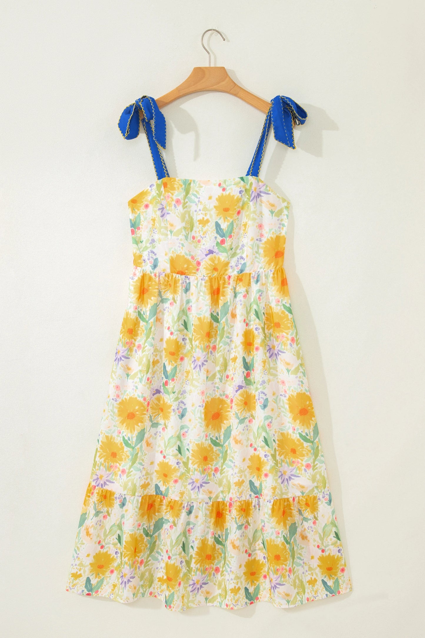 Floral Print Contrast Stitched Knot Denim Straps High Waist Dress