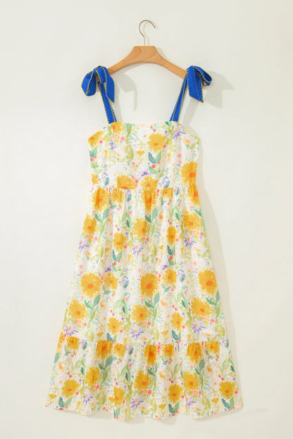 Floral Print Contrast Stitched Knot Denim Straps High Waist Dress