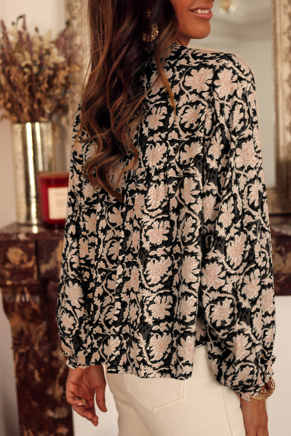 Floral Print Split Neck Pleated Puff Sleeve Blouse