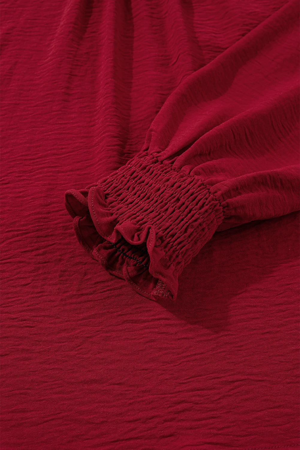 Burgundy Notched Neck Shirred Cuff Long Sleeve Blouse