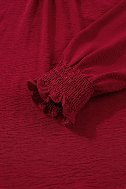 Burgundy Notched Neck Shirred Cuff Long Sleeve Blouse
