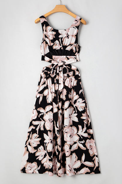 Black Floral Cutout Square Neck Knot Back Sleeveless Maxi Dress