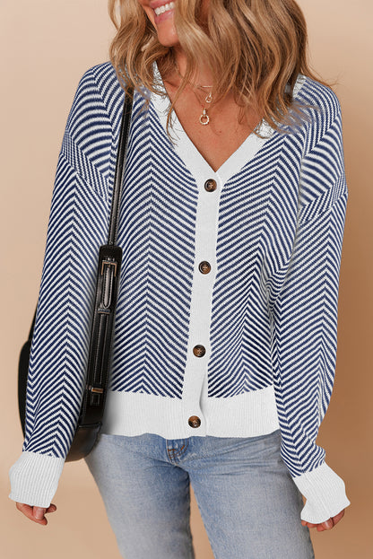 Blue Stripe Buttoned Front V Neck Herringbone Cardigan