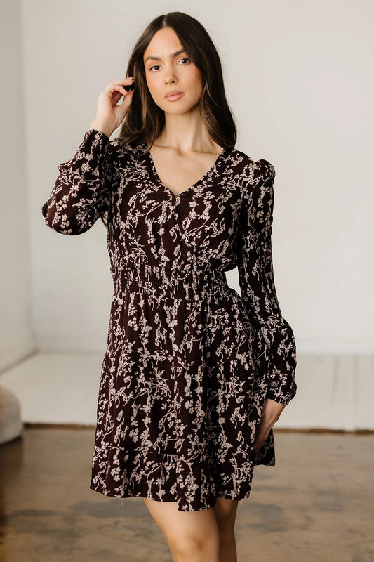 Brown Ditsy Floral Print Split Neck Long Sleeve Shirred Waist Flared Mini Dress