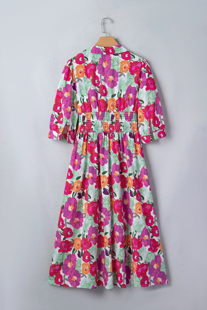 Rose Vibrant Floral Print V Neck Zip Up Puffy Half Sleeve Dress