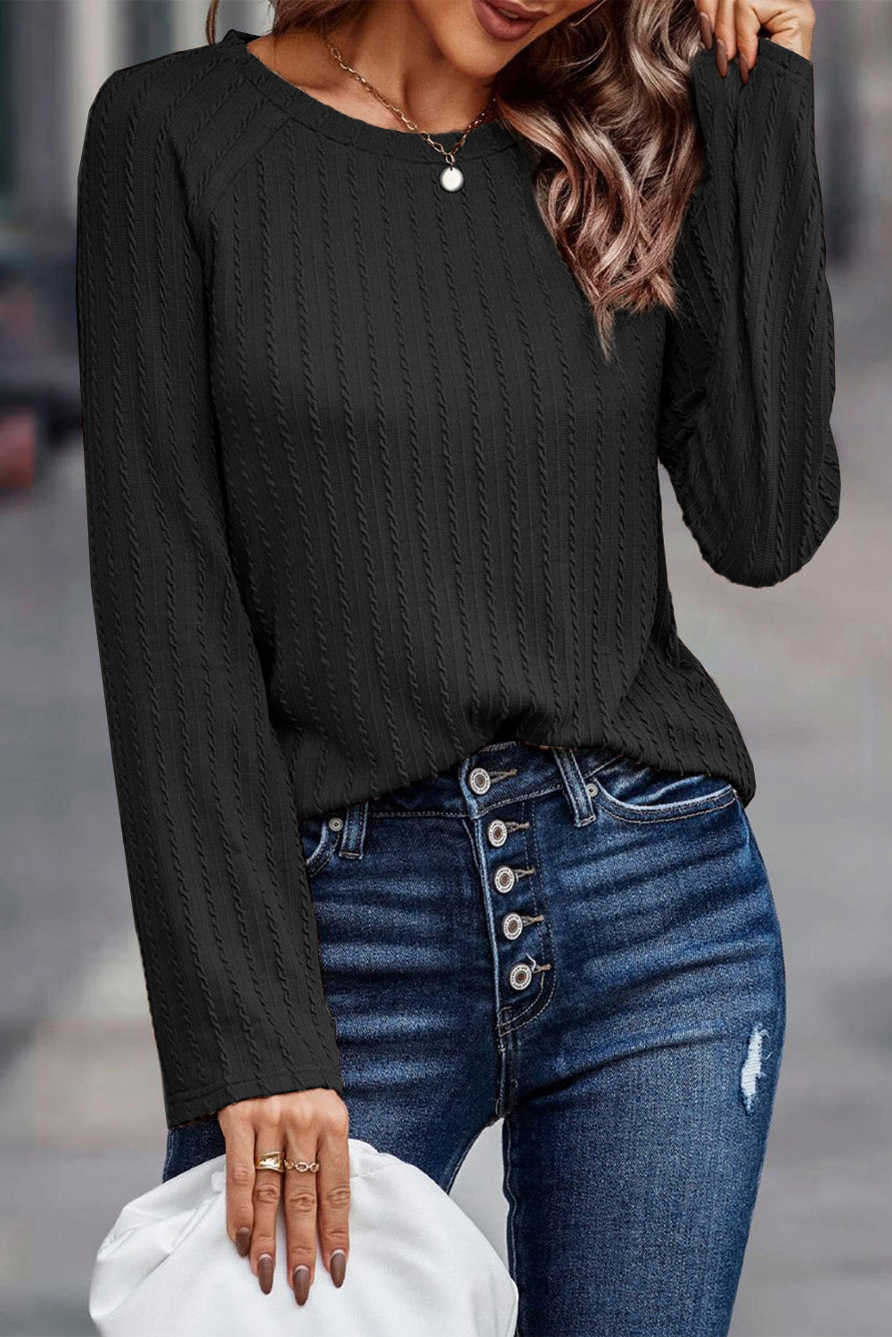 Ribbed Round Neck Knit Long Sleeve Top