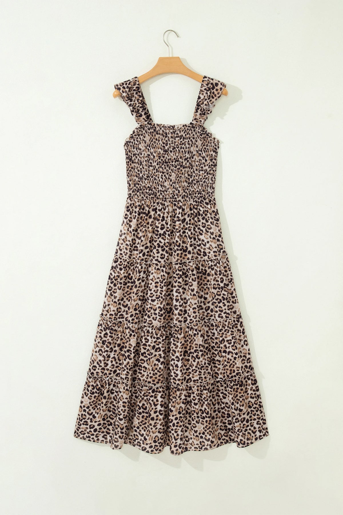 Brown Ruffled Straps Smocked Tiered Leopard Maxi Dress