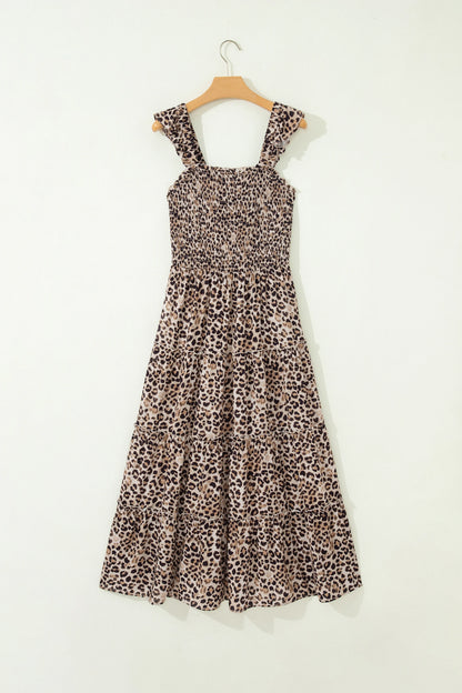 Brown Ruffled Straps Smocked Tiered Leopard Maxi Dress