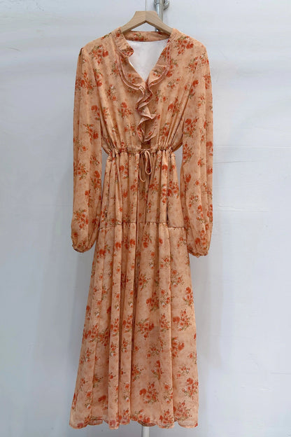 Orange Floral Print Sheer Long Sleeve Ruffle Neck Drawstring Flowy Maxi Dress