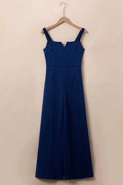 Blue Notched Neck Smocked Back Wide Leg Sleeveless Jumpsuit