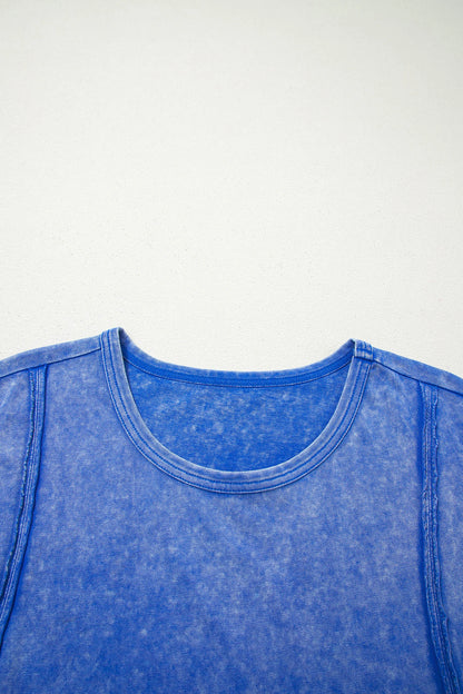 Sky Blue Mineral Wash Raw Seam Lace Sleeve Cotton Tee