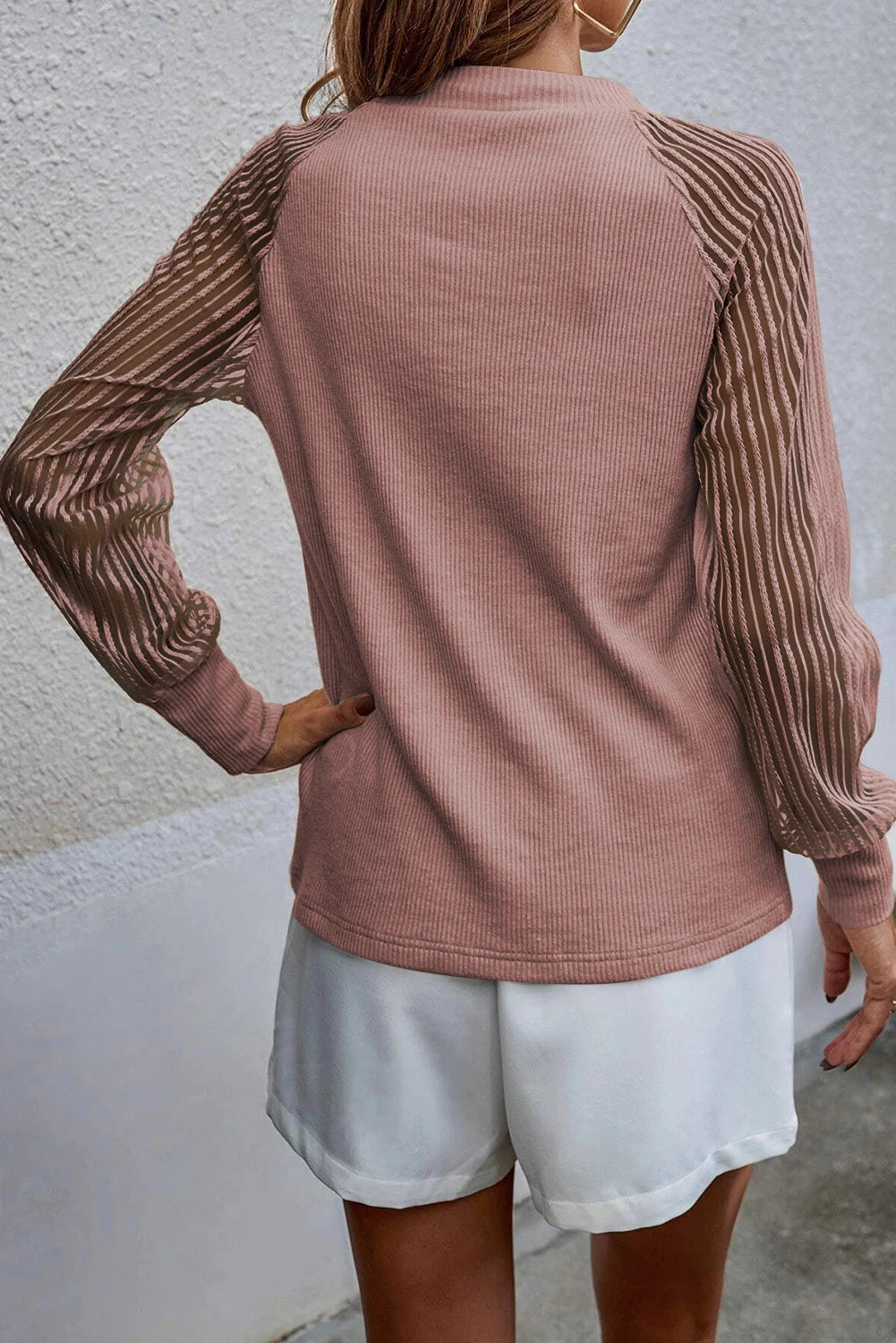 Striped Mesh Long Sleeve Crewneck Ribbed Top
