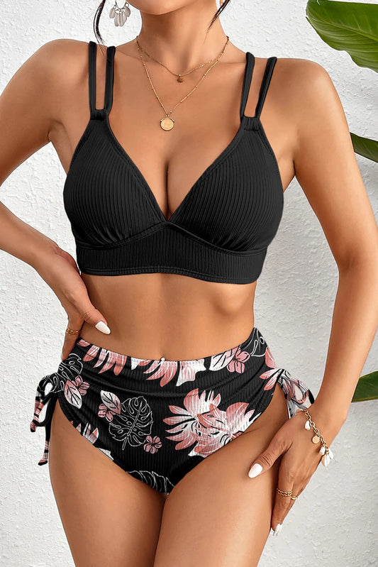 Black Ribbed Knit High Waist 2pcs Bikini Swimsuit