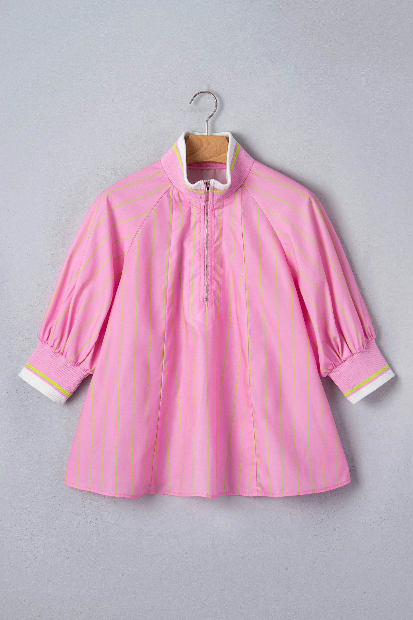 Pink Stripe Striped V-Neck Half Sleeve Zipper Ribbed Cuff Casual Shift Blouse