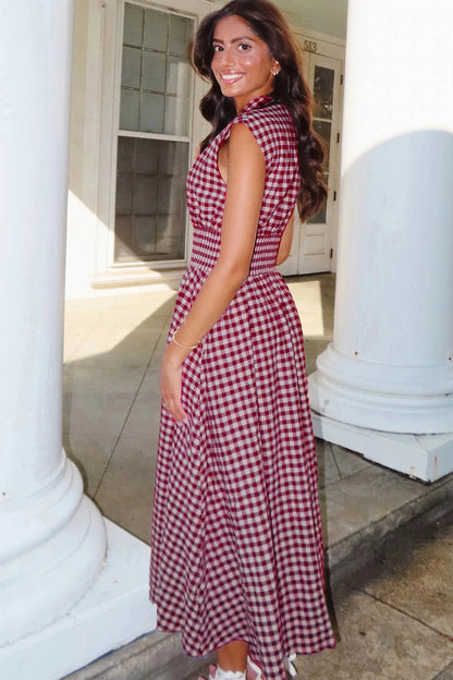 Plaid Print Full Zipper Cinched Waist Fit Flare Sleeveless Maxi Dress