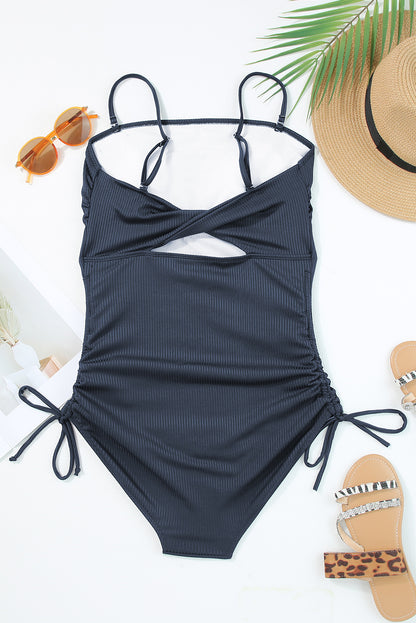 Ribbed Drawstring Sides Cutout One Piece Swimsuit
