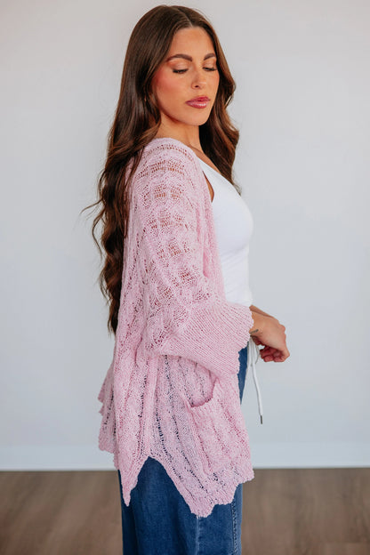 Hollowed Pattern Knit Drop Shoulder Open Sweater Cardigan